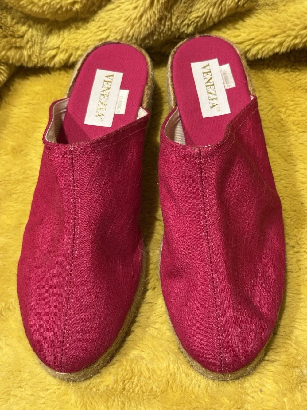 Venezia Women’s Sz 8 Hot Pink Slip Ons Canvas Shoes natural jute wedge heel Chic